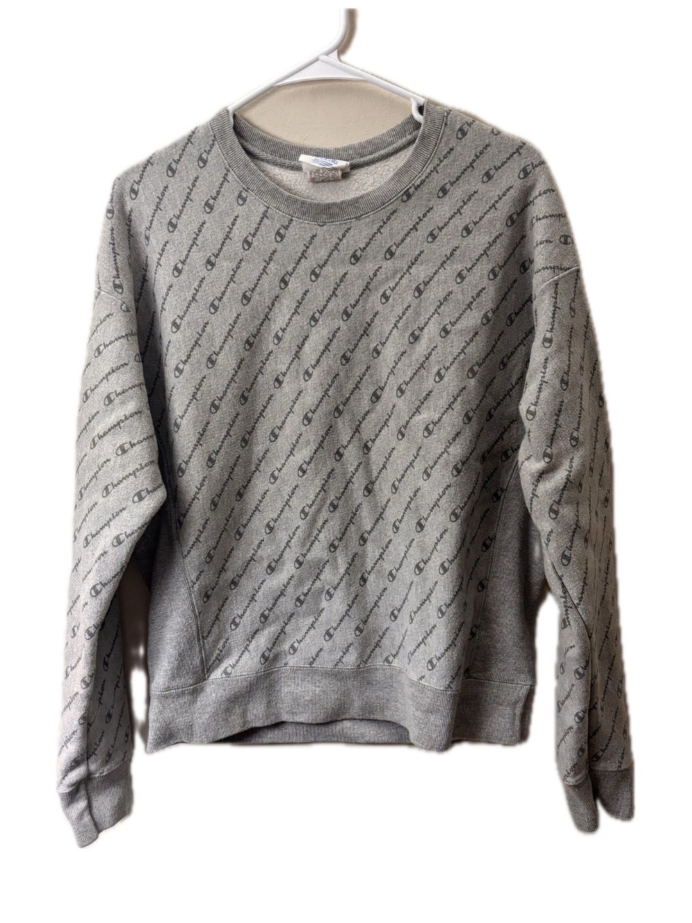 Y2K Champion Reverse Weave All Over Script Logo Sweatshirt Gray Fleece Pullover